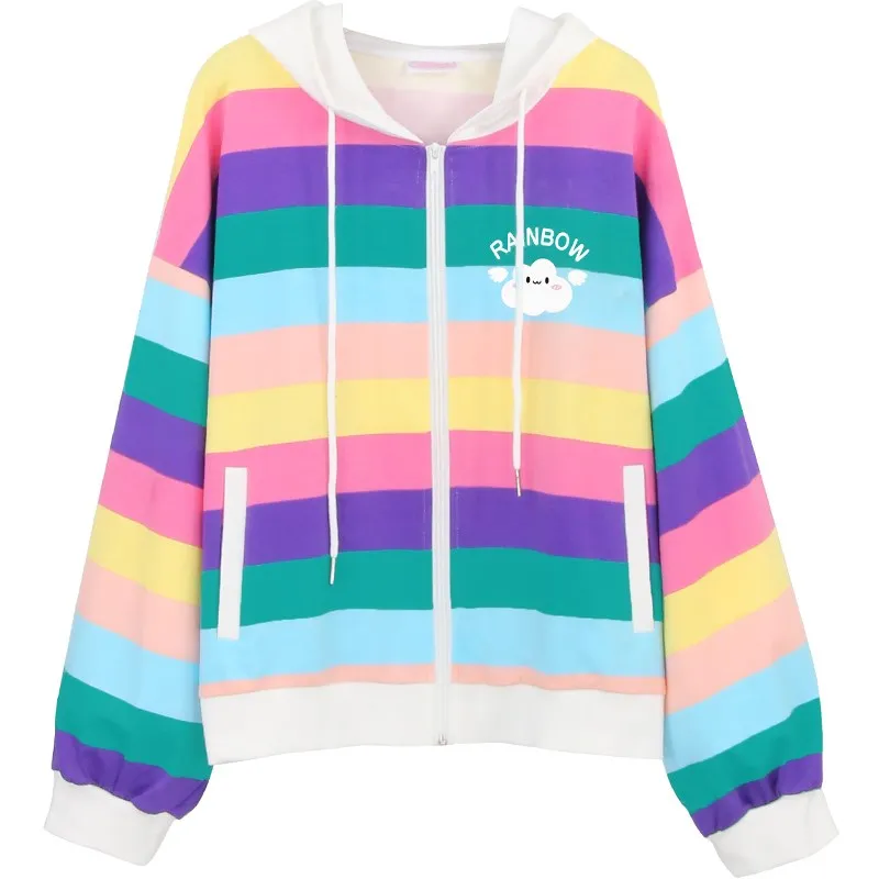 Японский Kawaii женские толстовки с капюшоном Кей-поп Харадзюку в радужную полоску толстовка на молнии пальто для девочек-подростков милые Цвет куртка с блоками - Цвет: Rainbow hoodie