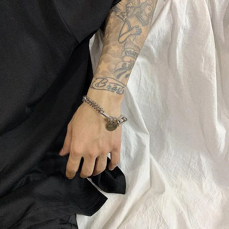 Punk Bracelet Classic Hip-hop Exaggerated Thick Chain Double Pendant Link Round Men's Bracelet Jewelry chain bracelet