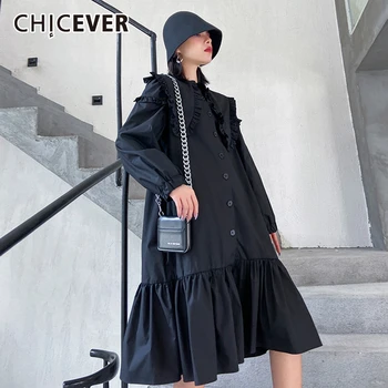 

CHICEVER Vintage Patchwork Ruffle Dress Women Ruffled Collar Long Sleeve Oversized Asymmetric Midi Dresses Female 2020 Fashion
