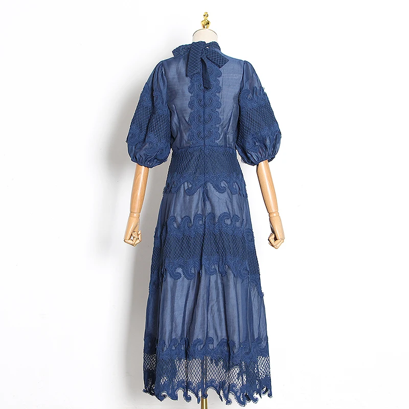 GALCAUR Vintage Hollow Out Women's Dresses Turtleneck Lantern Long Sleeve High Waist Asymmetrical Dress For Female Fashion