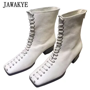 

British Style Women's Ankle Boots Square Toe Cross Tied White Black Shoes Kitten Heels Back Zipper Stovepipe Winter Botas Mujer