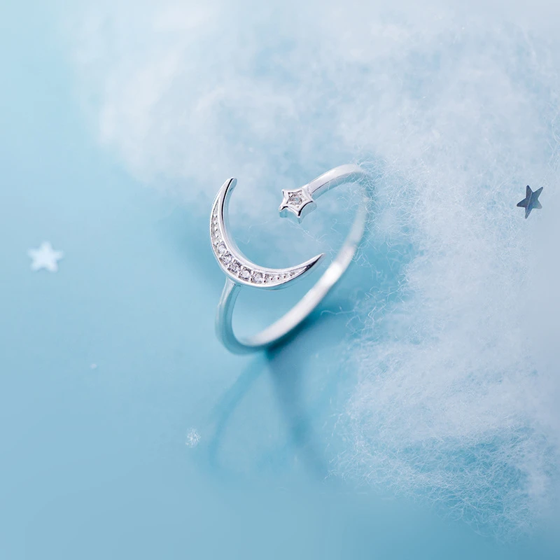 

Fashion 100% 925 Sterling Silver Star Moon Shape with Small Cubic Zircon Stone Adjustable Open Finger Knuckle Rings for Women