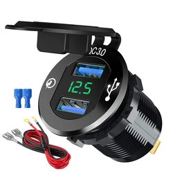 Cargador USB Dual para coche, adaptador de toma de corriente de carga rápida 3,0 con voltímetro LED, para barco, RZR, barco, ATV, autobús