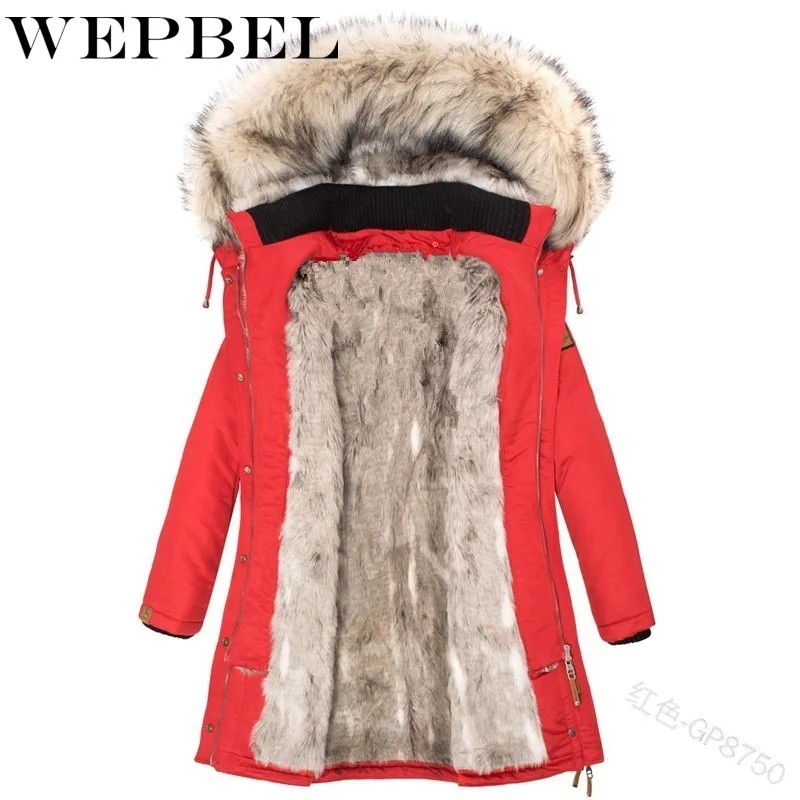 WEPBEL Для женщин Густой мех, с капюшоном длинный рукав осень-зима парка 1 кг; теплый непродуваемый зимний длинный карманы на молнии женские куртки-парки