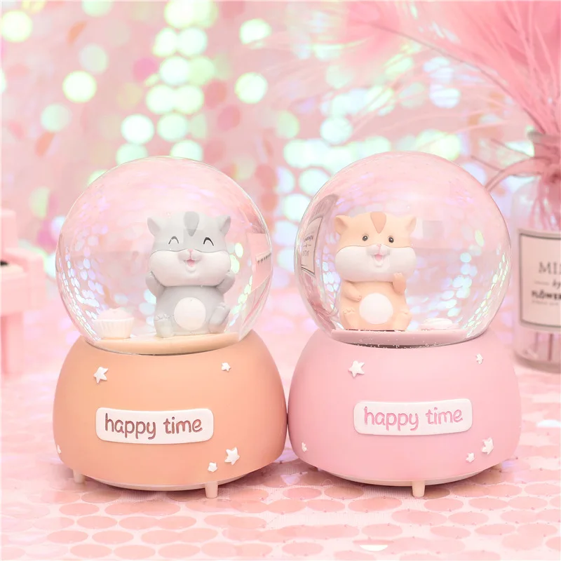 

Cartoon Cute Hamster Crystal Ball Rat New Style Water Ball Five-color Light Changing Floating Snow Music Box