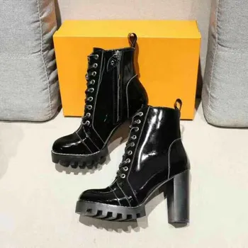 

2019 Autumn Winter Martin boots all black patent leather ankle boots women lace up high heel Desert Boots