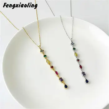 

Fengxiaoling Fashion Bohemia 925 Sterling Silver Multicolor Zircon Long Tassel Chains Necklaces For Women Fashion Party Jewelry