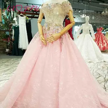 

AXJFU luxury princess beading crystal rose flower pink wedding dress vintage handmade o neck pink lace wedding dress 7784