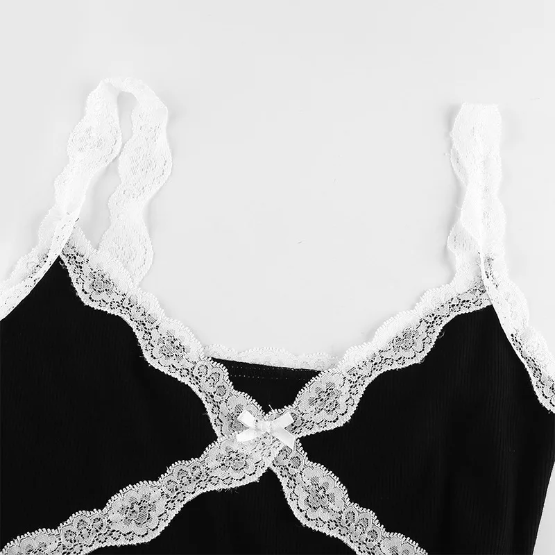 ALLNeon E-girl Y2K Spaghetti Strap V-neck Black Camis Dresses 90s Vintage Chic Criss-cross with Lace Ribbed Mini Party Dress