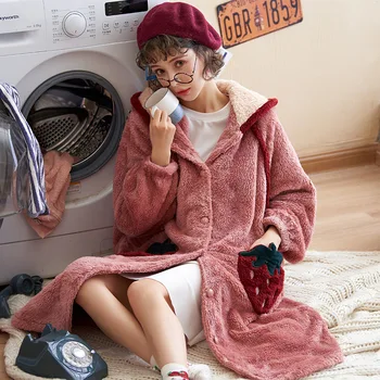 

BabYoung Coral Down Pajamas Winter Lovely Home Wear Terms Keep Warm Flannel Robe Suit Women Clothes