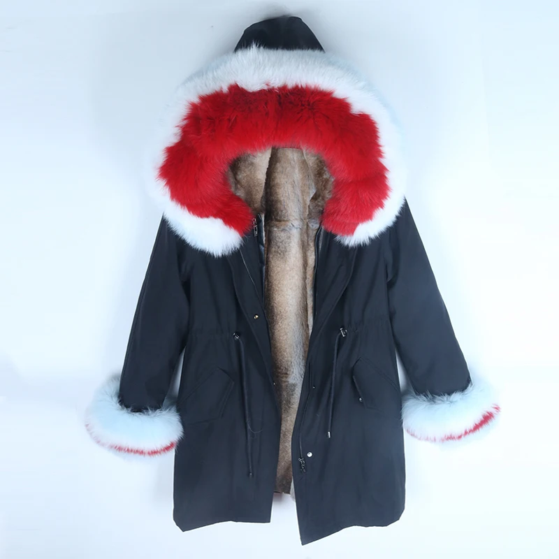 Winter Jacket Women Streetwear Natural Real Raccoon Fox Fur Collar Hood Thick Warm Outerwear rabbit fur liner Long Parka