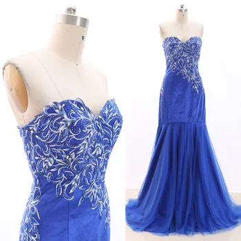 

MACloth Blue Sweep Train Strapless Floor-Length Long Embroidery Tulle Prom Dresses Dress M 266472 Clearance