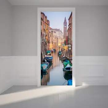 

3d Door Sticker Print Picture Self Adhesive Waterproof Wallpaper Home River Boat Town Landscape Decor Wall Art Kids Room Paste