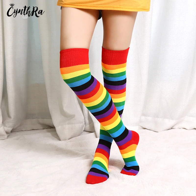 CYNTHRA Women's Socks Lady's Rainbow Stripe Over-the-Knee Sunscreen  Cotton Fashion Breathable Calcetines de mujer