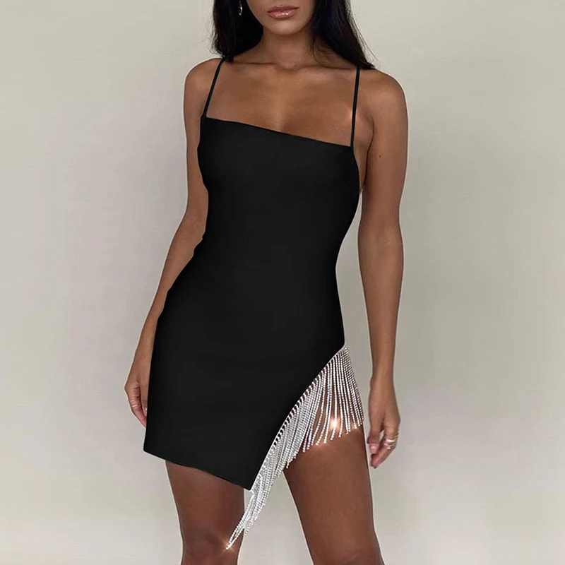 Diamonds Glitter Tassels Night Club Dress Femininas Bodycon Spaghetti Strap Mini Dress Sexy Party Side Shining Diamond Robe