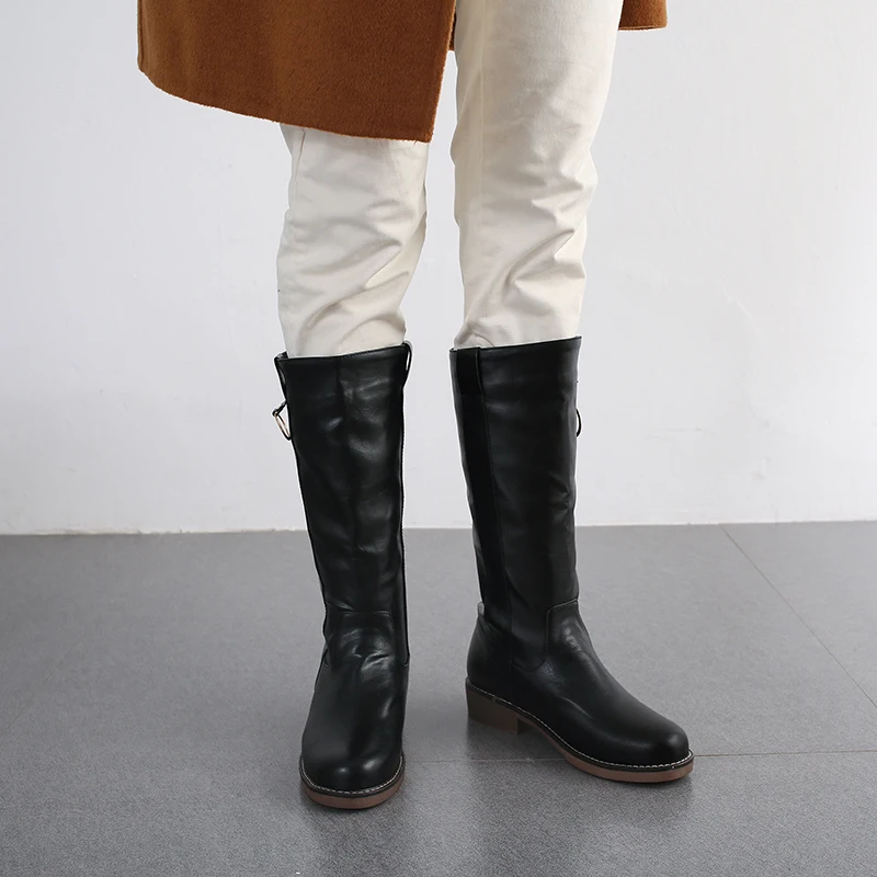 Haoshen& Girl/зимние женские сапоги до середины икры, сапоги для верховой езды на низком каблуке теплая обувь с Плюшевым Мехом, 3 цвета, черная обувь, размер 10,5