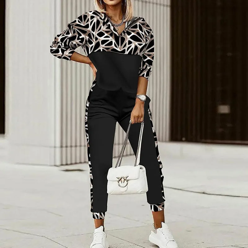 Femme Casual Patchwork Print Tracksuits Elegant Women Streetwear Solid Two Piece Set Autumn Long Sleeve V Neck Slim Pants Suit Dress Suits