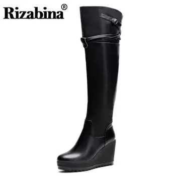 

RIZABINA women real genuine leather wedge over knee boots platform long boot winter warm botas footwear shoes R7524 size 34-39