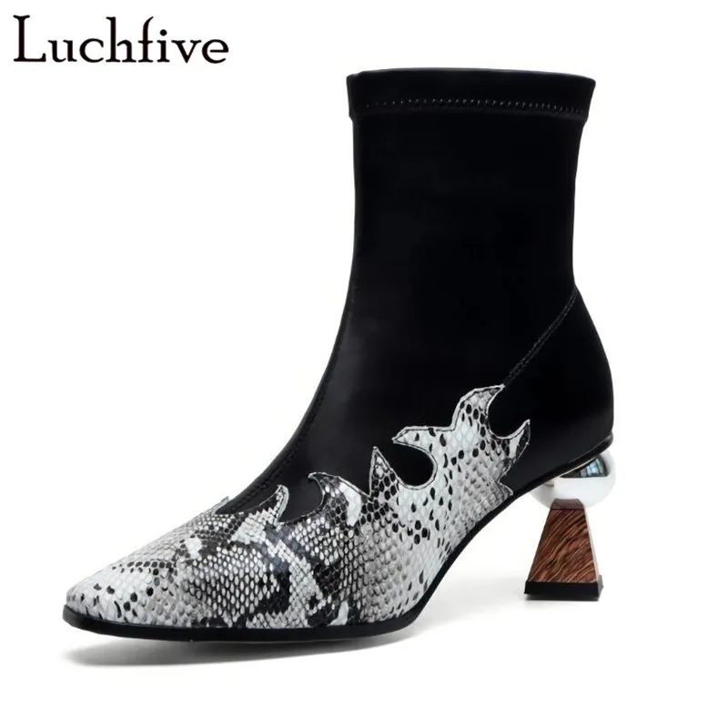 

Building block Heels Women Boots Snake Pattern Shoes Woman Stretch Fabric Pointy Toe Black Short Boots Zapatos De Mujer