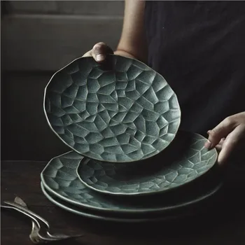 

European Personality Retro Green Plate Retro Tableware Steak Dish Dessert Tray Kitchen Dinner Plates Ceramic Dishes Plates 1PC