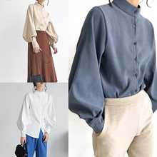 Новые винтажные осенне-зимние плотные женские блузки с расклешенными рукавами, однобортная блузка, женская Свободная Повседневная хлопковая блузка с отложным воротником