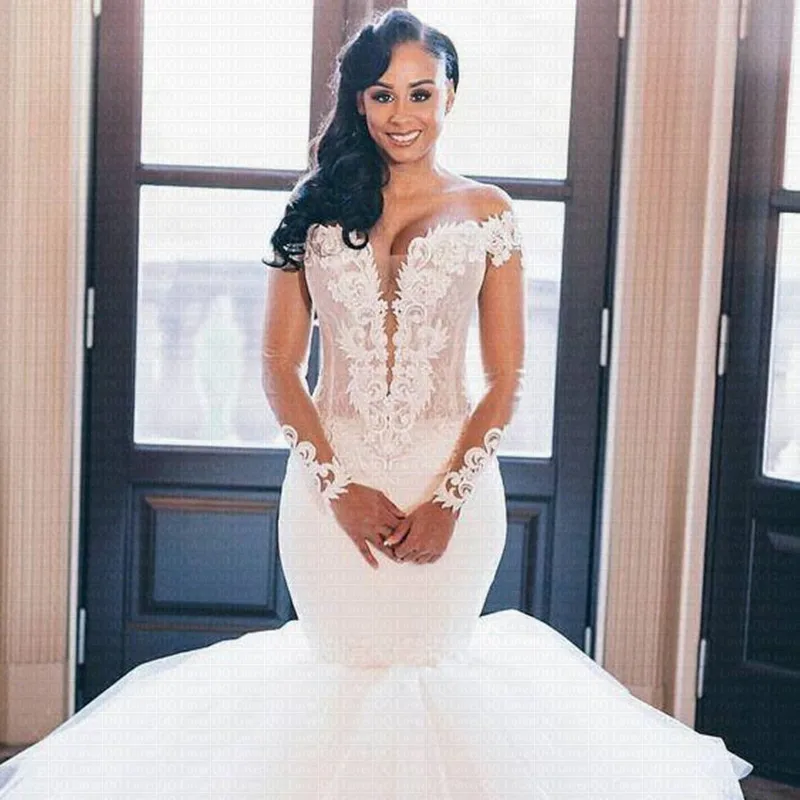 Sheer Rok Afrikaanse Mermaid Trouwjurken 2020 Sexy Lange Mouwen Arabisch Bruidsjurken