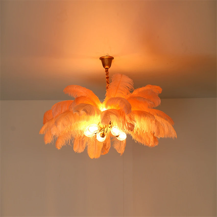 pink Nordic All-copper Ostrich Feather Chandeliers Princess Room Bedroom Lamp Designer Home Restaurant Hanging Lights Fixtures - Цвет абажура: pink