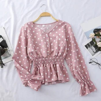 

Spring Boho Chic Tops Women Korean Elegant V-neck Long Sleeve Chiffon Blouses Pink Black Polka Dot Shirts Female Chiffon