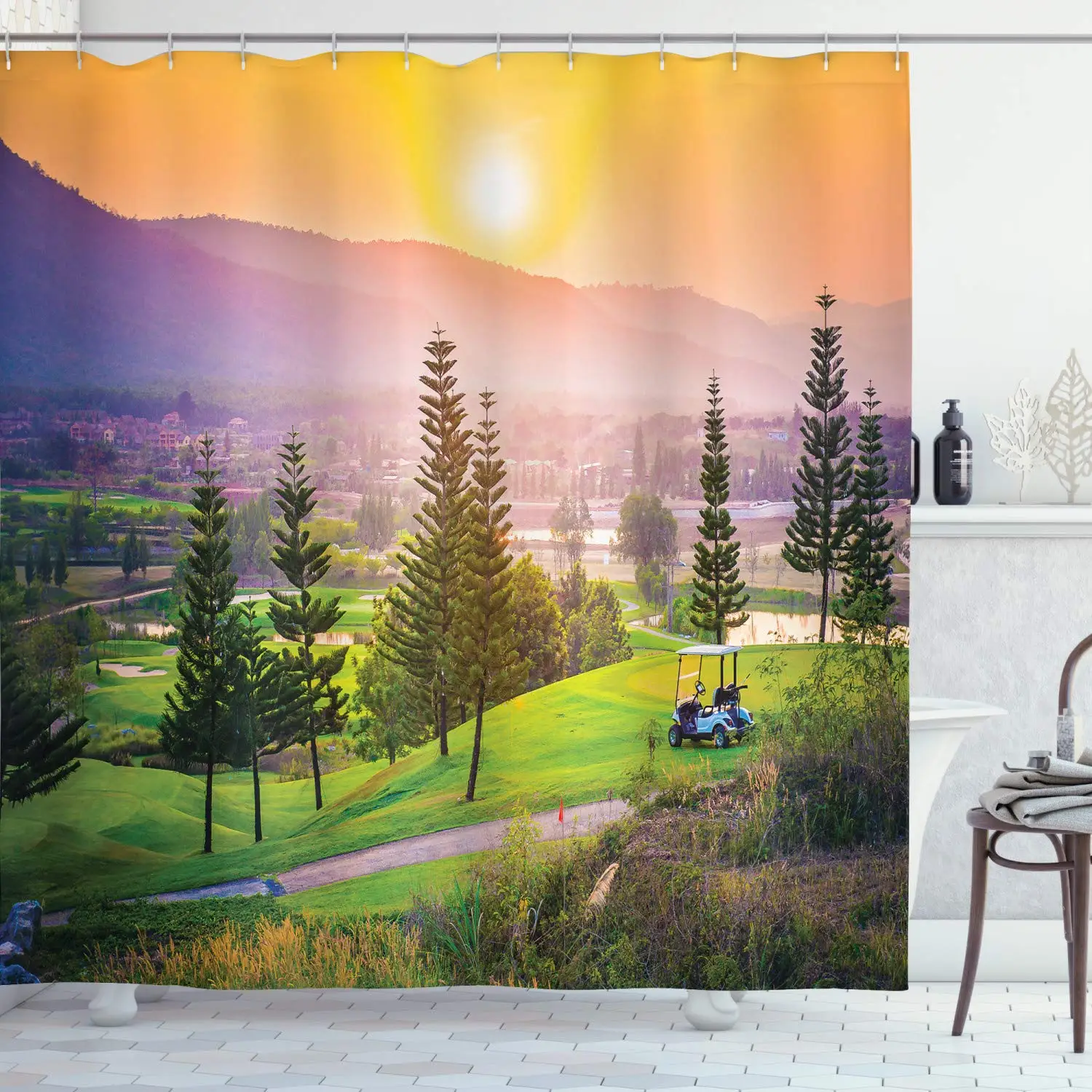 Nature Shower Curtain Golf Resort Park in Spring Season with Trees Sunset Hills and Valley End of The Day Bathroom Decor Set | Дом и сад