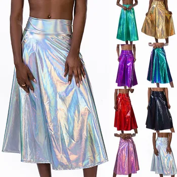 

Women Mid Calf Skirts Shiny Holographic Pu Laser A Line Wet Look Loose Skirts With Pocket Summer Party Club Lady Chic Skirt #Z4