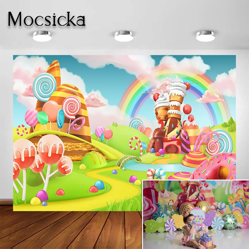 

Mocsicka Candyland Photography Backdrop Rainbow Candy Castle Kid Children Birthday Party Decorations Background for Photo Studio