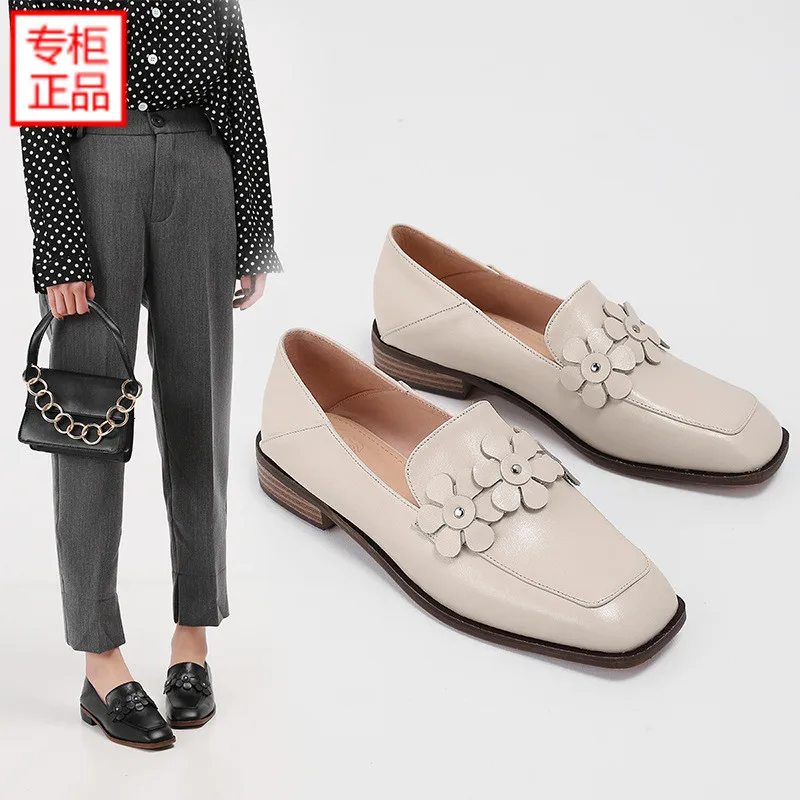 

2019 Spring New Style Retro Flat Leather Shoes Apricot Step on with WOMEN'S Shoes Versatile Double Purpose Loafers Size Code