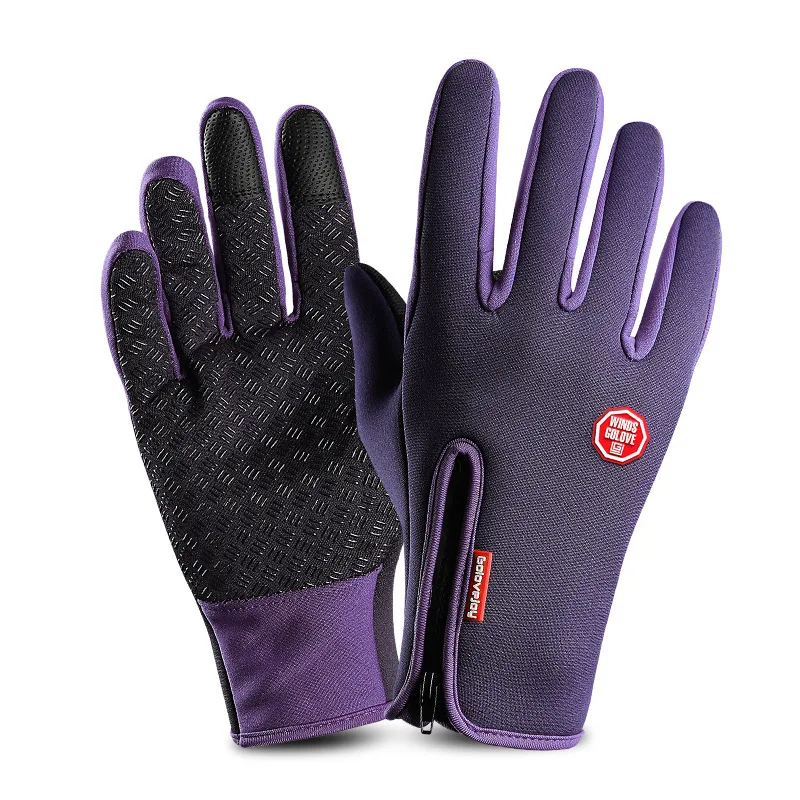 Winter Warm Gloves Men Women Anti-slip Plus Velvet Touch Screen Bicycle Cycling Gloves Full Finger Skiing Glove Black S M L XL - Цвет: Purple A