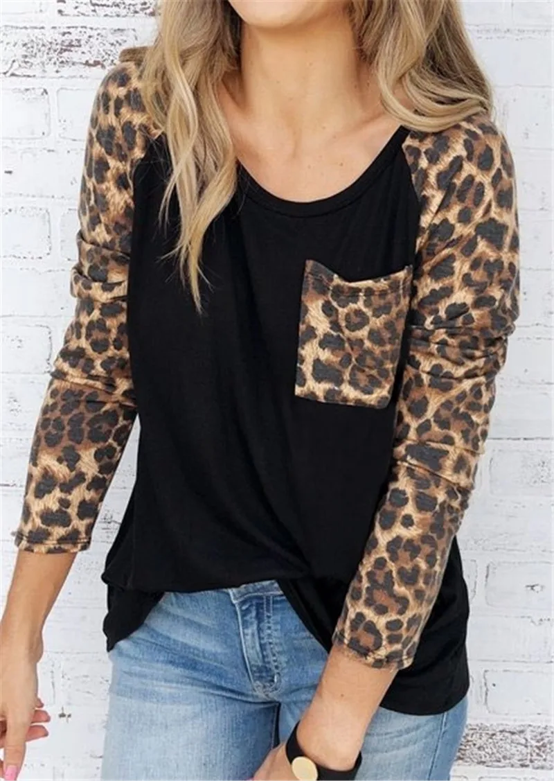 Леопардовая футболка, женские топы с карманами, модная футболка с рукавом реглан, осенний Топ с длинным рукавом, женские футболки с круглым вырезом, женская уличная одежда