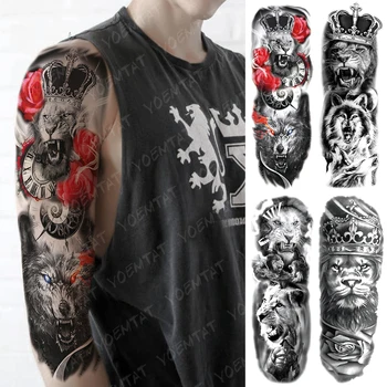 

Large Arm Sleeve Tattoo Lion Crown Wolf King Waterproof Temporary Tatto Sticker Rose Clock Warrior Body Art Full Fake Tatoo