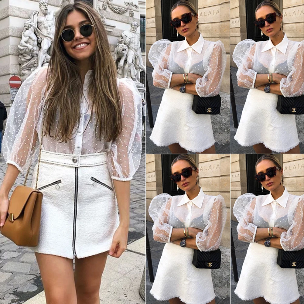 Women Mesh Sheer Blouse See-through Long Sleeve Top Shirt Blouse Fashion Pearl Button Transparent White Shirt Female Blusas