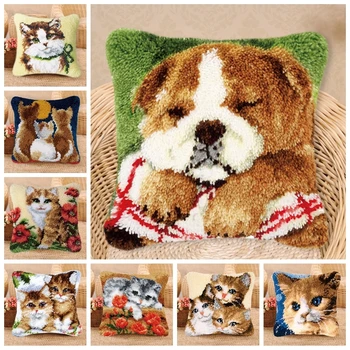

Cute Cat Dog Cartoon Animal Series Latch Hook Pillow Rug Kits Smyrna European And American Style Latch Hook DIY Package Pillow
