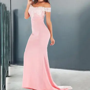 

Sexy Lace Slash Neck Pink Dresses Elegant Women Party Dinner Club Long Maxi Dresses Robe 2020 Summer Femme Vestiods Dresses