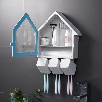 

Small House Toothbrush Holder Wall-Mounted Double Storage Rack Cup Holder Set with 3 Brushing Cups Bathroom Box Accessories