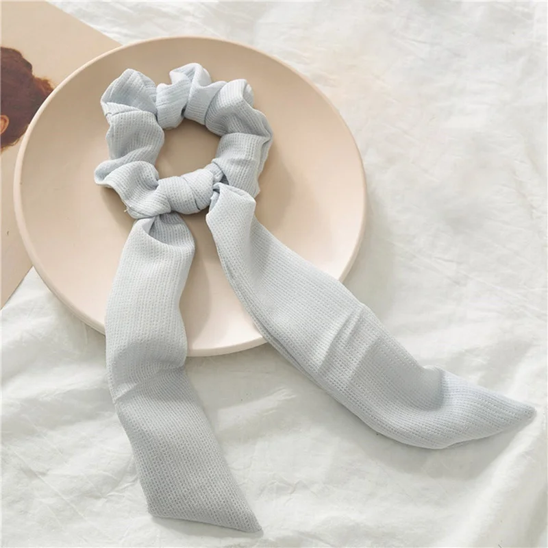 light blue 2 в 1 летняя винтажная Женская однотонная резинки для волос шарф бант твердая мягкая ткань конский хвост держатель - Цвет: light blue