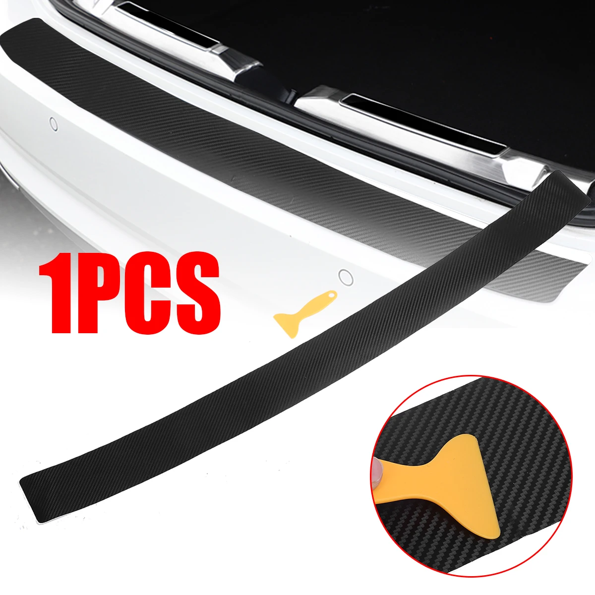 3D Black Carbon Fiber Style Trunk Sill Plate Sticker Car Rear Door Step Decoration Cover Decal With Scraper