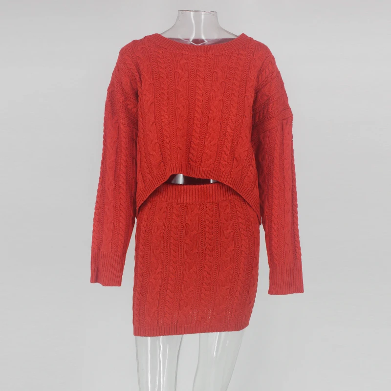Ohvera зимний теплый свитер женский комплект 2 шт. укороченный топ футболка с длинным рукавом и облегающая мини-юбка сексуальный комплект из двух предметов