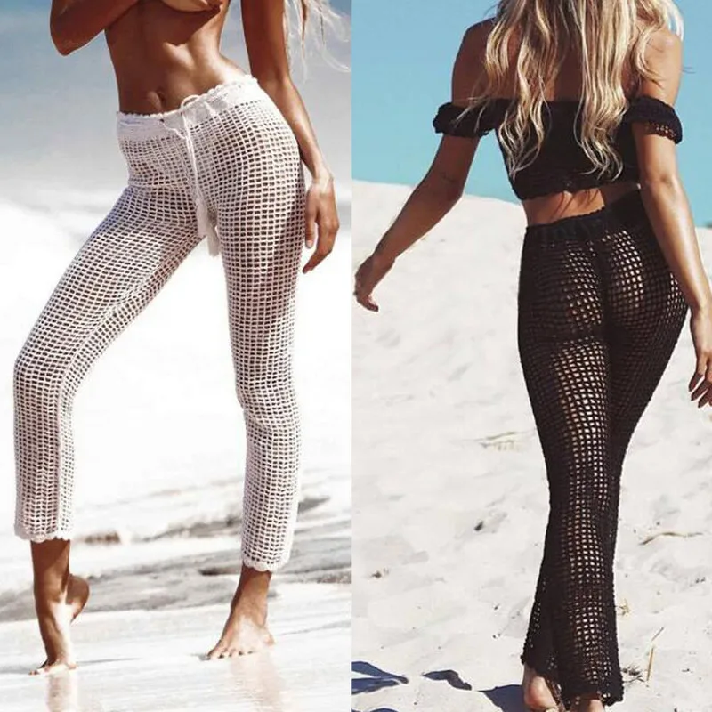 

Women Knit See Through Fishnet Cover Up Button Hollow Out Wide Leg Beach Long Pants Trousers 2019 Summer
