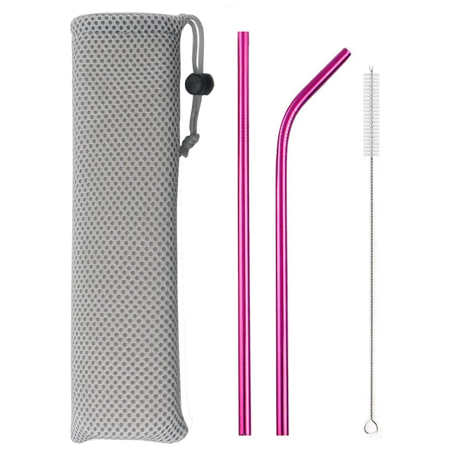 Premium Colorful Stainless Steel Straw Set with Cleaning Brush and Carry Bag
