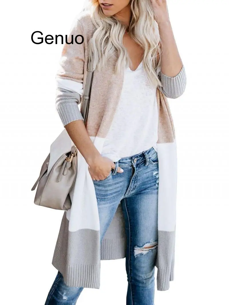 

Womens Open Front Long Sweater Cardigans Boho Long Sleeve Color Block Knit Lightweight Kimono Duster Coats