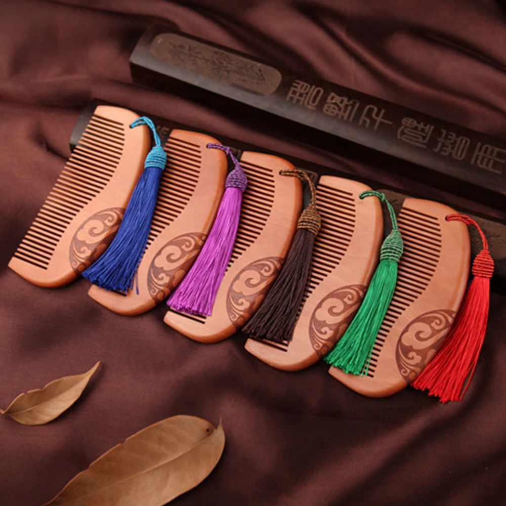 

Vintage Peach Girl Comb Double Carved Fine Anti-static Hair Comb With Tassel Head Massage Hairbrush kids Hair Care Tools