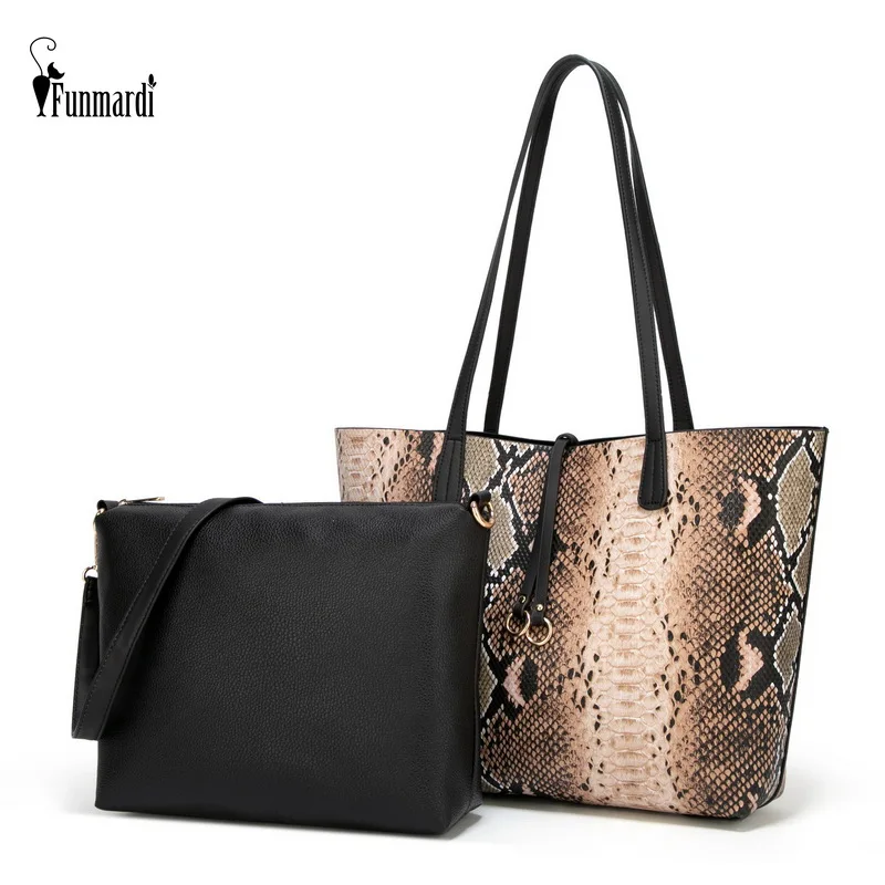 FUNMARDI Serpentine Leopard Handbags Female Shoulder Bags 2pcs Women Bags Set Composite Bags PU Leather Women Handbag WLHB2006