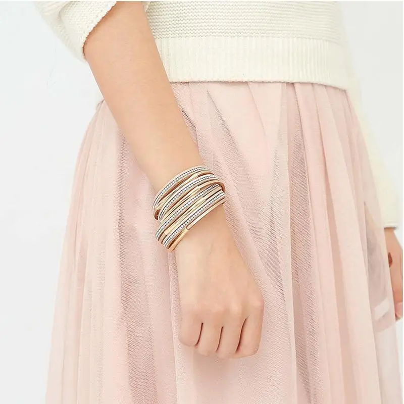Multi-Layer Leather boho Bracelet Handmade Wristband Gorgeous Wrap Bracelet Magnetic Buckle Bohemian Bangle Jewelry for Women