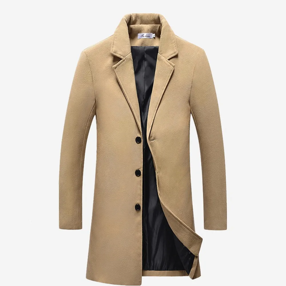 Осенне-зимнее модное мужское пальто, теплое Однотонное шерстяное пальто с длинными рукавами, Повседневная Деловая куртка, Мужское пальто - Цвет: Khaki