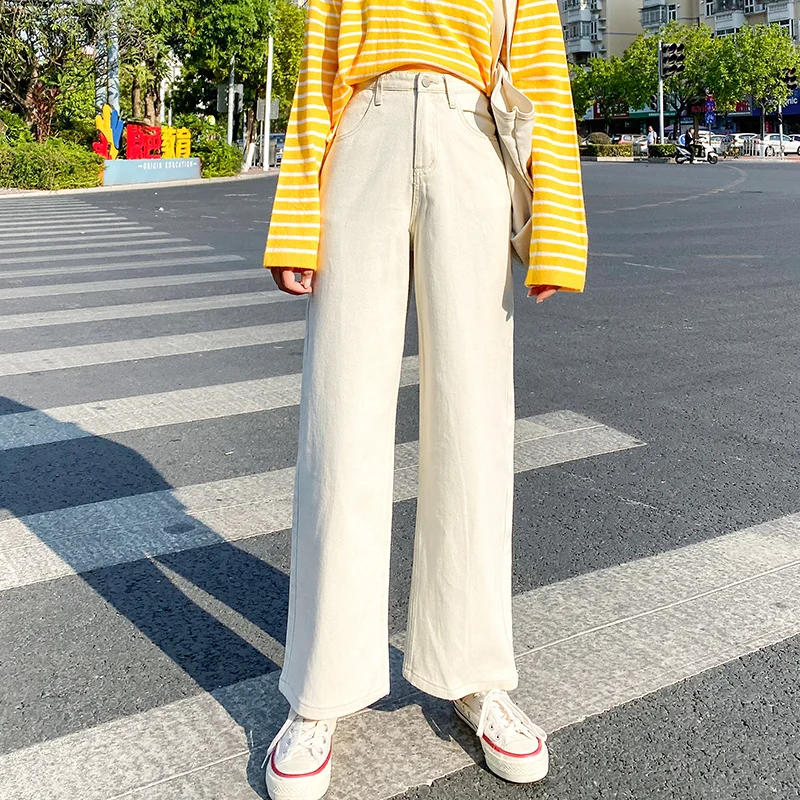 

High waist Blue Pocket Washed Casual Straight Women Jeans Waist Korean Loose Office Ladies Daily Trousers Casual wide-leg pants